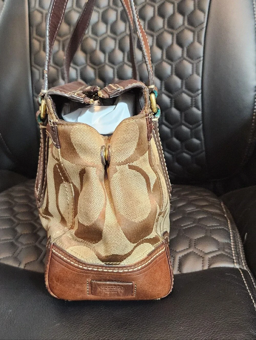 Coach Brown Signature Tote with Leather Trim and Stripe Detail